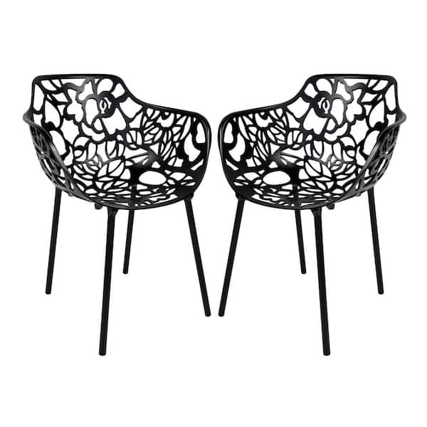 Leisuremod Devon Outdoor Dining Chair in Aluminum Modern Stackable Design Patio Arm Chair in Black (Set of 2)
