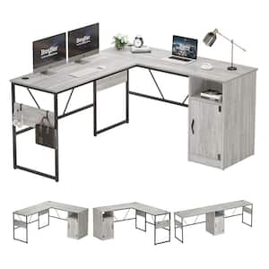 60 in. L shaped Wash White Wood Desk with Cabinet and Hooks