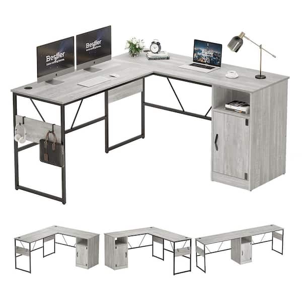 Bestier 60 in. L shaped Wash White Wood Desk with Cabinet and Hooks