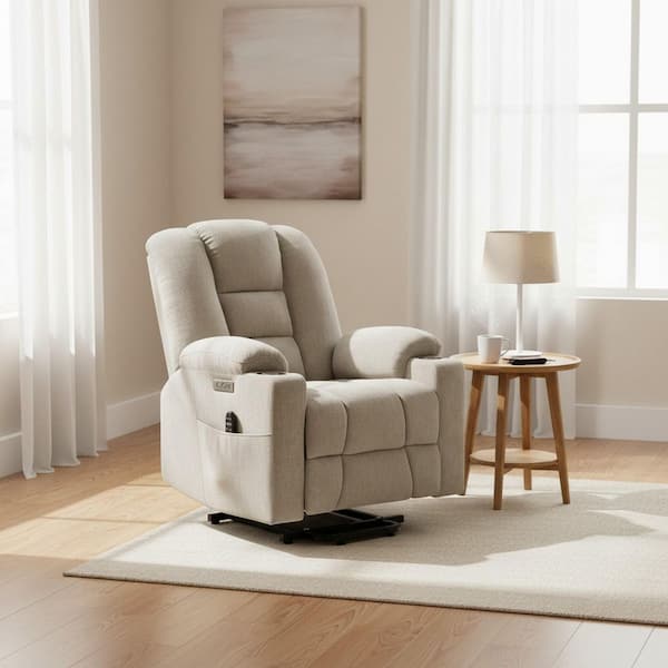 Beige Power Lift Recliner Chair with Remote Control Dual USB Ports Cup Holders Chenille Upholstery 350 lbs. Capacity