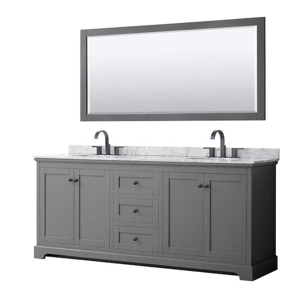 Wyndham Collection Avery 80 in. W x 22 in. D x 35 in. H Double Bath Vanity in Dark Gray with White Carrara Marble Top and 70 in. Mirror