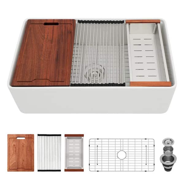 33 in. x 20 in. Farmhouse/Apron-Front Single Bowl White Ceramic Kitchen Sink