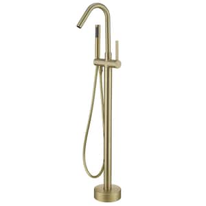 Single-Handle Freestanding Tub Faucet with Hand Shower Single Hole Floor Mounted Brass Tub Fillers in Brushed Gold