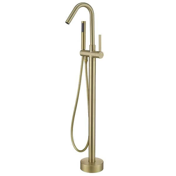 AIMADI Single-Handle Freestanding Tub Faucet with Hand Shower Single Hole Floor Mounted Brass Tub Fillers in Brushed Gold