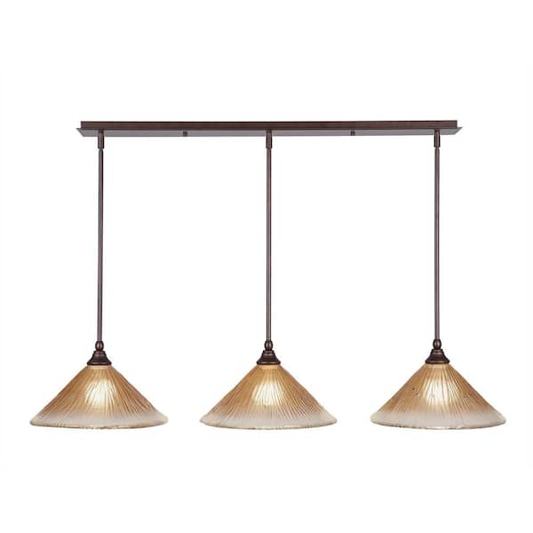 Unbranded Livingston 100-Watt 3 Light Bronze, Linear Pendant Light with 12 in. Amber Crystal Glass Shades No Bulbs Included