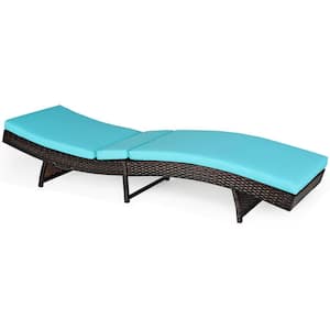 Foldable Wicker Patio Chaise Lounge Chair with 5 Back Positions Turquoise Cushion