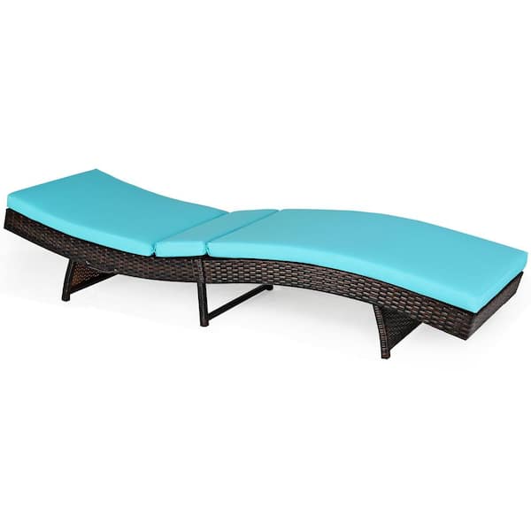 Gymax Foldable Wicker Patio Chaise Lounge Chair with 5 Back Positions Turquoise Cushion