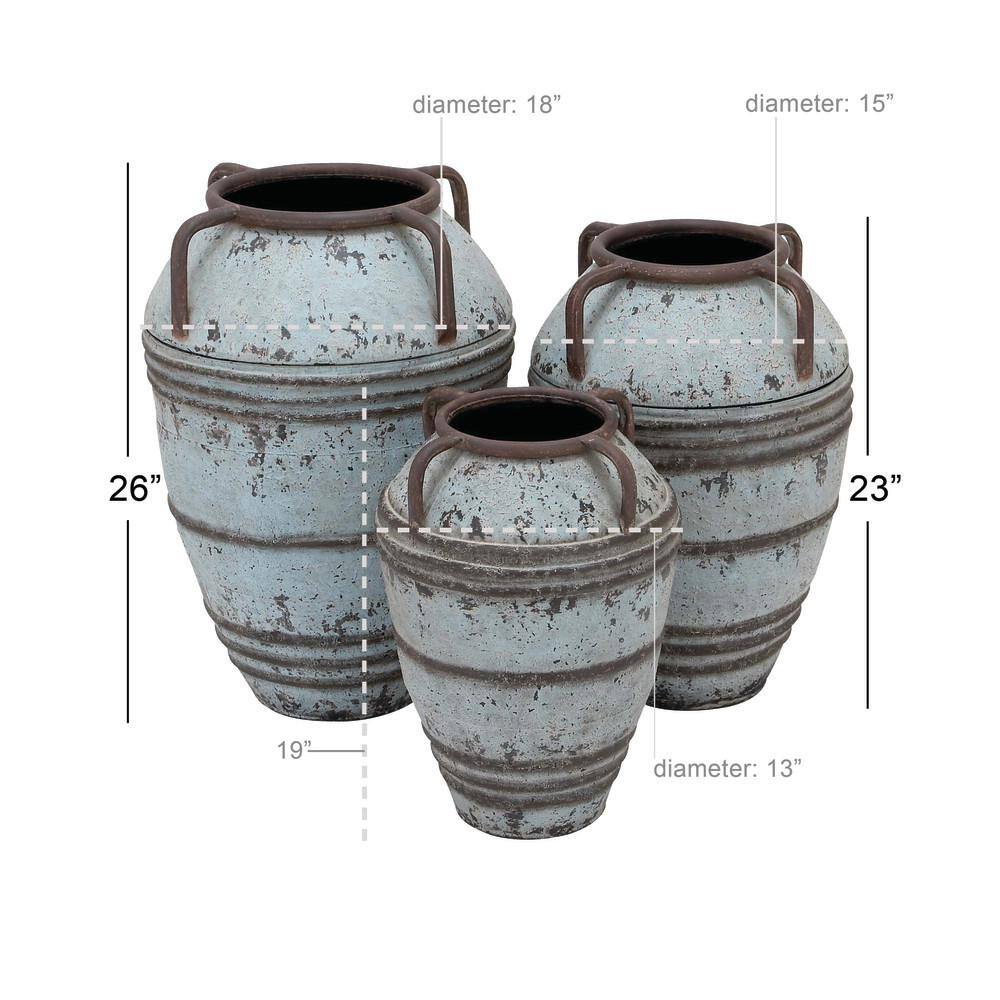 Distressed Blue Metal Amphora Vases with Handles, Set of 3