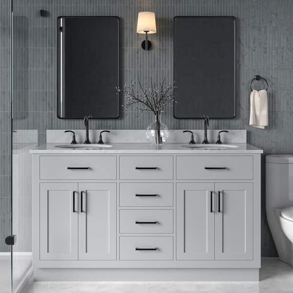 ARIEL Hepburn 61 in. W x 22 in. D x 35.25 in. H Bath Vanity in Grey with Carrara Marble Vanity Top in White with White Basins