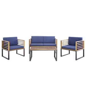 4-Pieces Acacia Wood Patio Conversation Set Outdoor Furniture Set w/Navy Cushions
