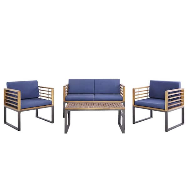 Gymax 4-Pieces Acacia Wood Patio Conversation Set Outdoor Furniture Set w/Navy Cushions
