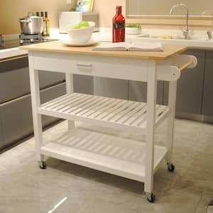 White Kitchen Island Cart with Rolling Wheels in Brake and 2-Shelves and Drawers Kitchen Storage Island with Towel Rack