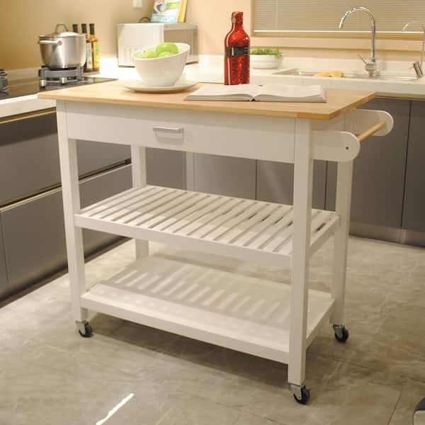 Tileon White Kitchen Island Cart with Rolling Wheels in Brake and 2-Shelves and Drawers Kitchen Storage Island with Towel Rack