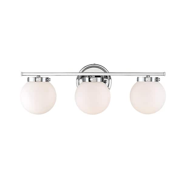 TUXEDO PARK LIGHTING 24 in. W x 8 in. H 3-Light Chrome Bathroom Vanity Light with White Glass Shades