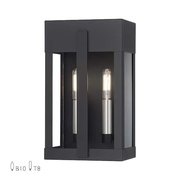 Livex Lighting Berksford 12 in. 2-Light Black Outdoor Hardwired Wall Lantern Sconce with No Bulbs Included