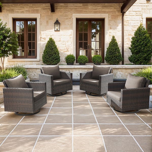 U-Frame 4-Piece Brown Swivel Glider Wicker Outdoor Rocking Chair with Olefin Gray Cushions for Patio or Porch