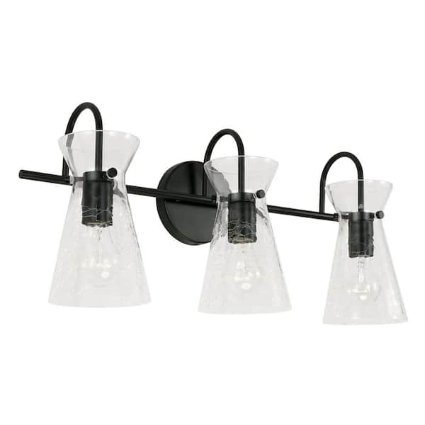 Capital Lighting Fixture Company Mila 24 in. W x 11 in. H x 7.5 in. E 3-Light Matte Black Vanity Light with Clear Half-Crackle Tapered Glass