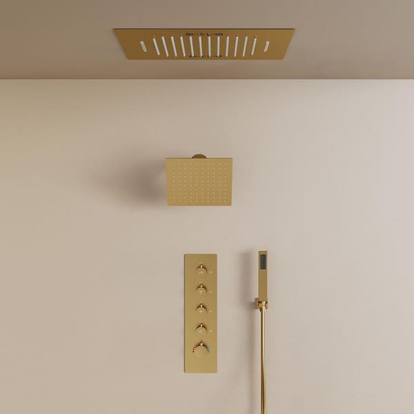 GRANDJOY Aurora 20 in. Quintuple Handles 15-Spray Shower Faucet 2.5 GPM with LED, Bluetooth, Anti Scald Handheld in. Brushed Gold