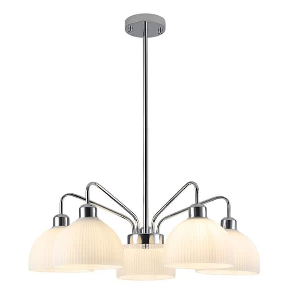 ADSENSTY 5-Light Silver Transitional Chandelier with White Glass Shades for Dining Room