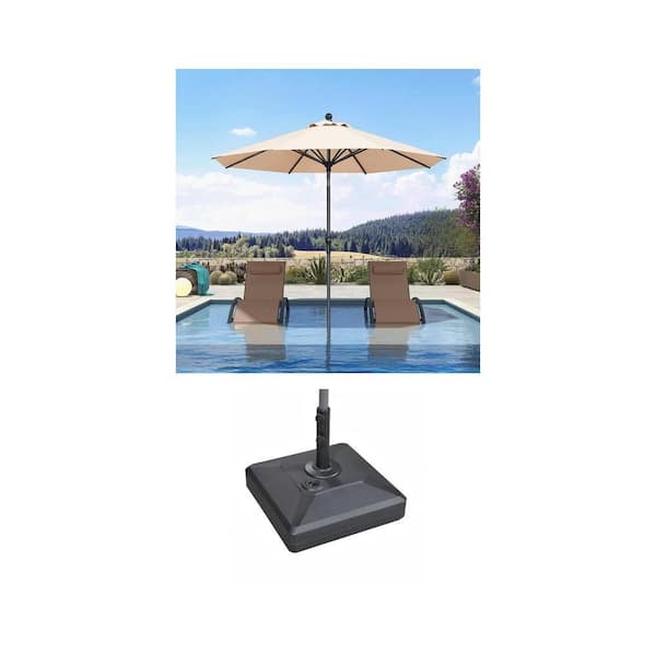 9 ft. Beige Aluminum Crank and Tilt Patio Umbrella with 115 lbs. Black Umbrella Base