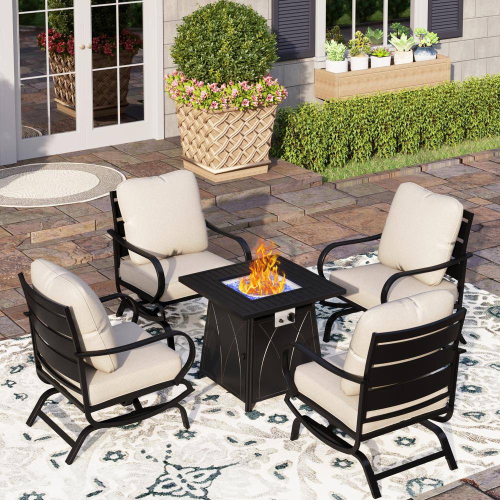 PHI VILLA Black Metal 4 Seat 5-Piece Steel Outdoor Patio Conversation ...