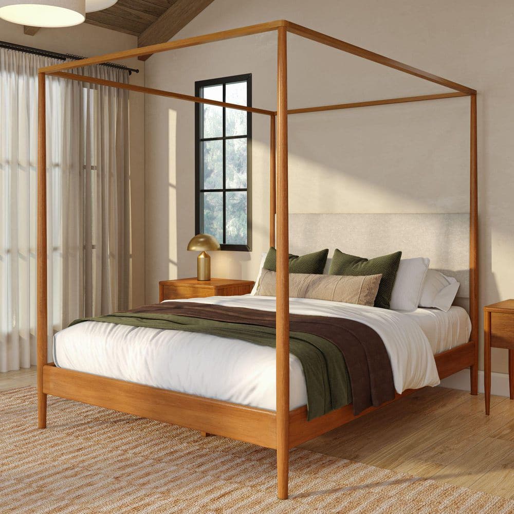 Harbor Brown Wood Frame Queen Canopy Bed with Upholstered Headboard