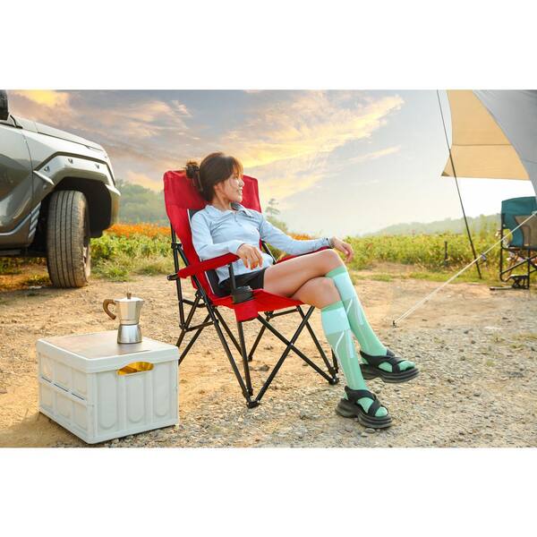 Otryad Red Metal Folding Lawn Chair, Portable Heavy Duty High Back Chair  with Cup Holder for Camping Outdoor Garden QS-YJ921