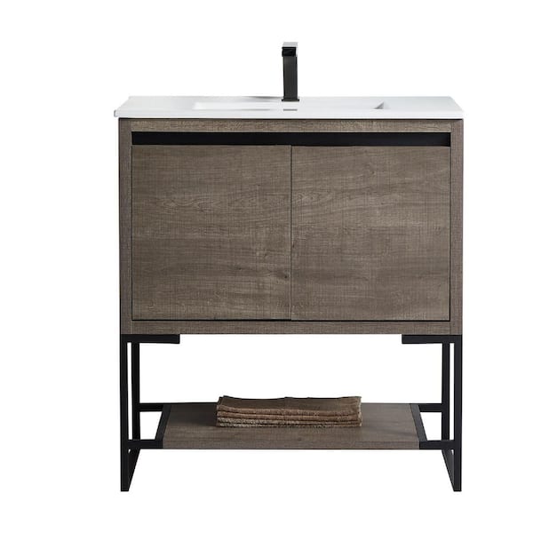HBEZON JIM 32 in. W x 18.31 in. D x 35 in. H Floating Bath Vanity in Plaid Gray Oak with White Integrated Ceramic Top & 2 Doors