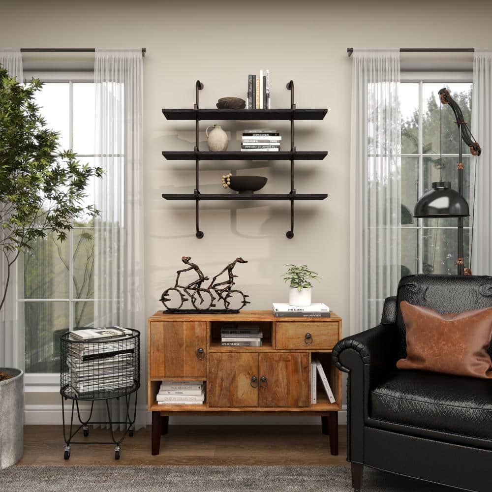 Sleek Gray 38" Industrial Wood Floating Wall Shelf