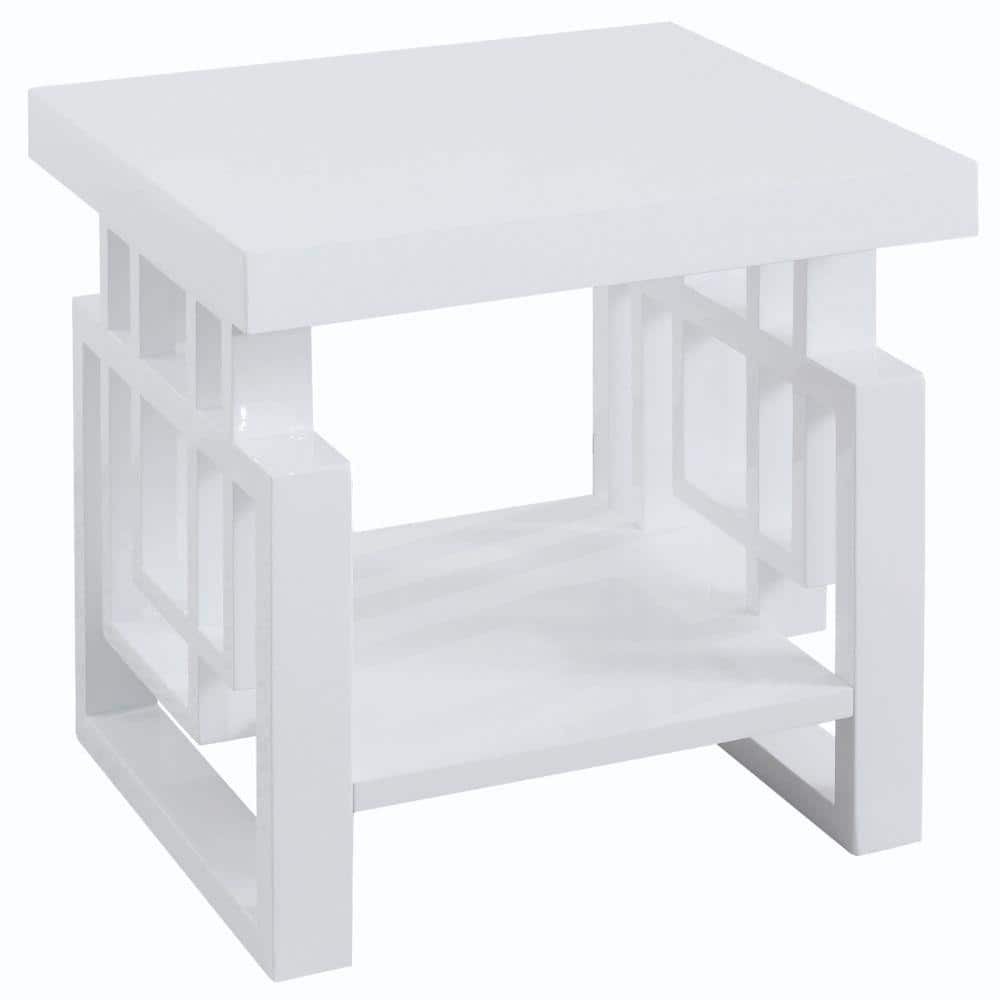 22 in. White Rectangle Wood End Table with Storage Shelf