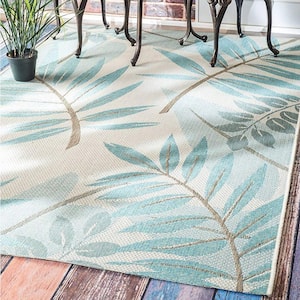 Trudy Art Deco Leaves Turquoise 5 ft. x 8 ft. Indoor/Outdoor Area Rug