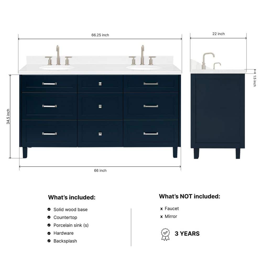 Monroe 66" Midnight Blue Double Sink Vanity with Carrara White Quartz Top