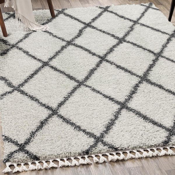 Mercer Shag Plush Tassel Moroccan Geometric Trellis Cream/Grey 4 ft. x 6 ft. Area Rug