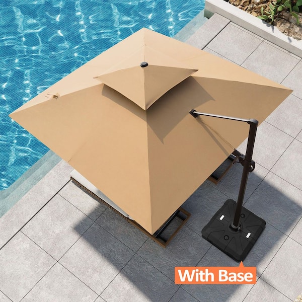 Pellebant 10.5 ft. x 10.5 ft. Aluminum Outdoor 360° Rotation Offset Cantilever Patio Umbrella  in Tan with 240 lbs. Base