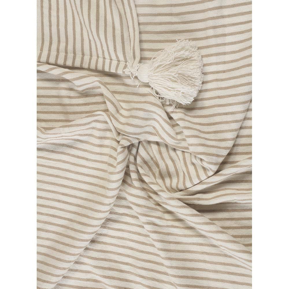 Ivory and Beige Striped Cotton Throw Blanket with Tassels