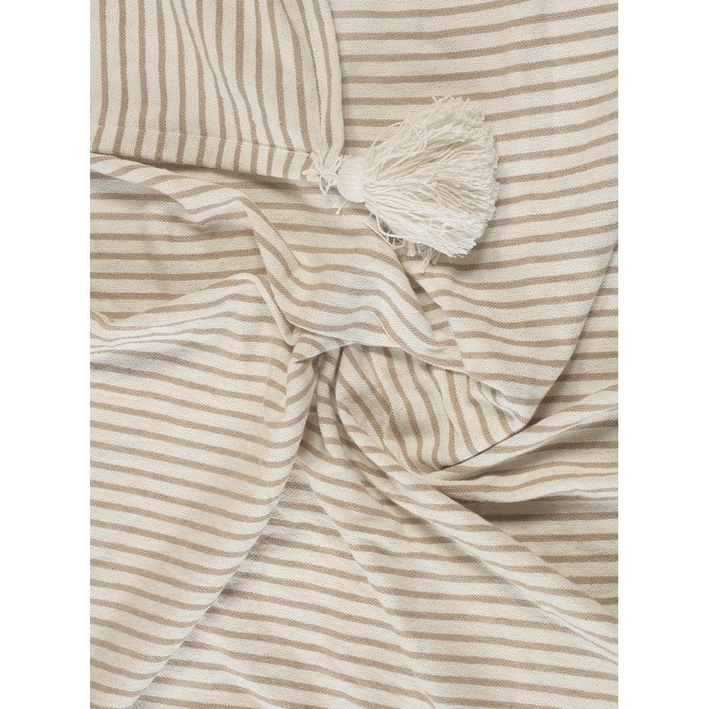 Ivory and Beige Striped Cotton Throw Blanket with Tassels