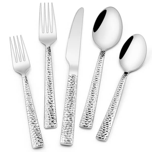 40-Piece Hammered Stainless Steel Flatware Set for 8, Square Cutlery Utensils, Mirror Finish and Dishwasher Safe
