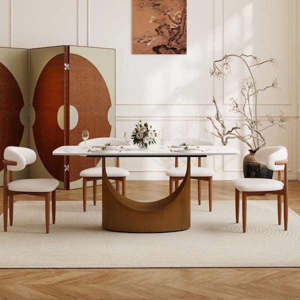 70.87 in. White Sintered Stone Rectangle Top Pedestalh Bronze Carbon Steel Legs Dining Table (Seats 6)