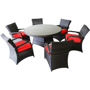 7-Piece Aluminum Frame Wicker Outdoor Dining Set with Red Cushion and Tempered Glass Top Round Table