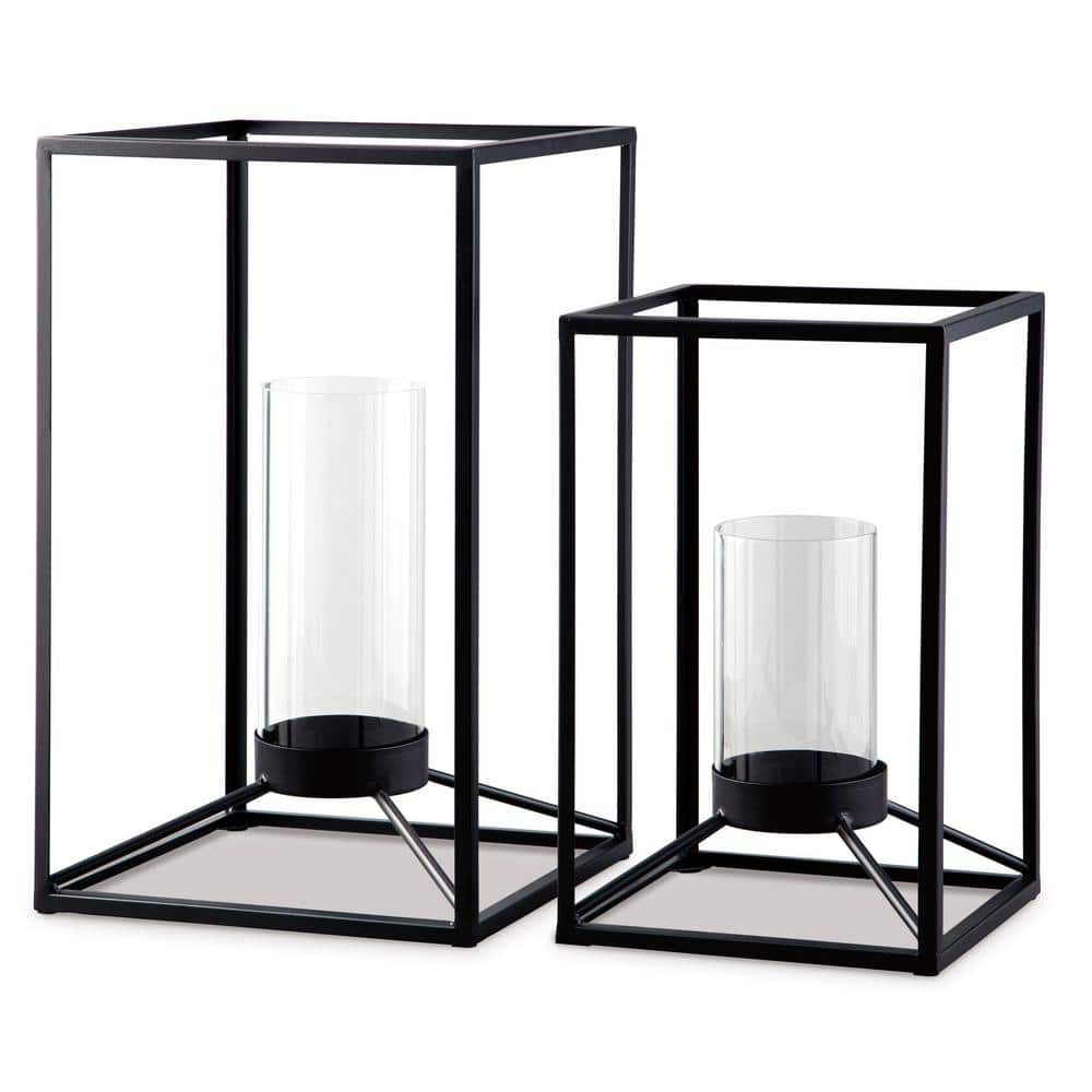 Modern Black Glass Tabletop Hurricane Lantern, 11" x 19"