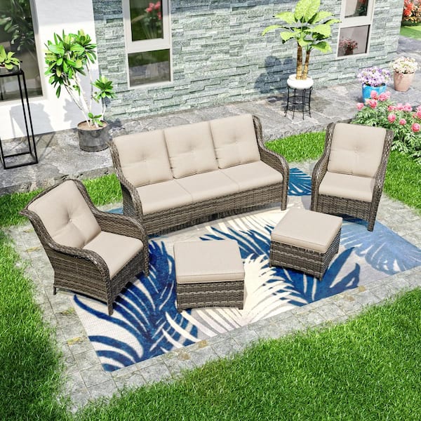 JOYSIDE 5-Piece Wicker Outdoor Patio Seating Set Sectional Sofa with Beige Cushions