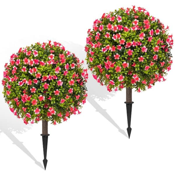 Fake Plants - Set of 2 Faux Boxwood Plants for Outdoor Planters,UV Resistant Artificial Topairy Ball Trees with Spike