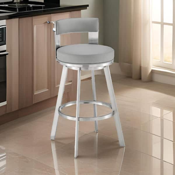 Benjara 30 in. Gray and Chrome Low Back Metal Frame Bar Stool with Faux Leather Seat