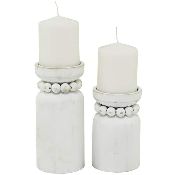 Litton Lane White Wood Beaded Pillar Candle Holder (Set of 2)