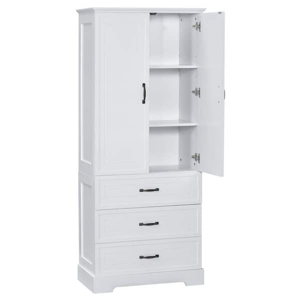 29 in. W x 16 in. D x 68.9 in. H White Bathroom Storage Cabinet with 2 Doors and Drawers, Adjustable Shelf