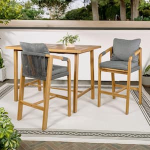 Porto Modern Coastal 3-Piece Acacia Wood Outdoor Serving Bar Set with Cushions Gray/Teak Brown Cushions