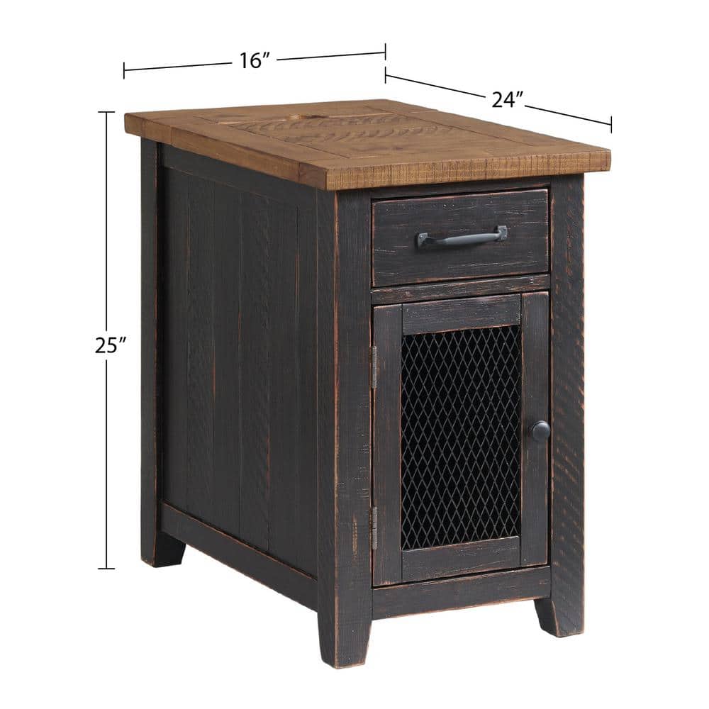 Espresso Rustic Pine Chairside Table with Power Outlets and Storage