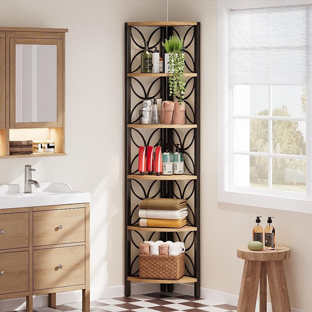 Eulas 70.9 in. Tall Light Brown and Black Industrial MDF Corner Accent Bookcase with 5-Shelves and Art Deco Metal Frame price history on PriceWatchPro