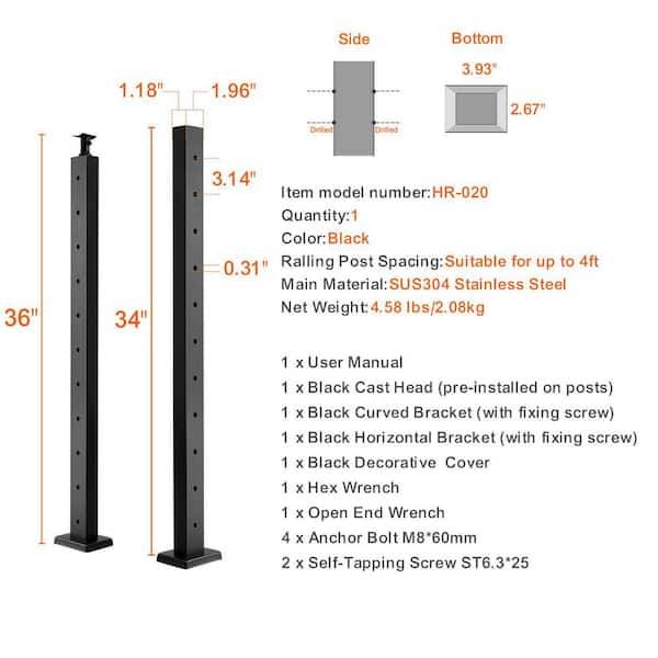 Cable Railing Post Level Deck Stair Post 36 x 0.98 x 1.97 in. Cable Handrail Post Stainless Steel Brushed Finishing Deck