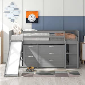 Wood Low Loft Bed with Slide, Twin Loft Bed with Cabinets and Shelves Gray